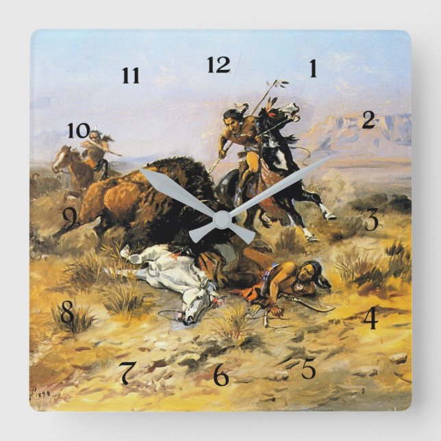 Horloge Carrée "Chasse au buffle" Cowboy Art de Charles Russell (Recto)
