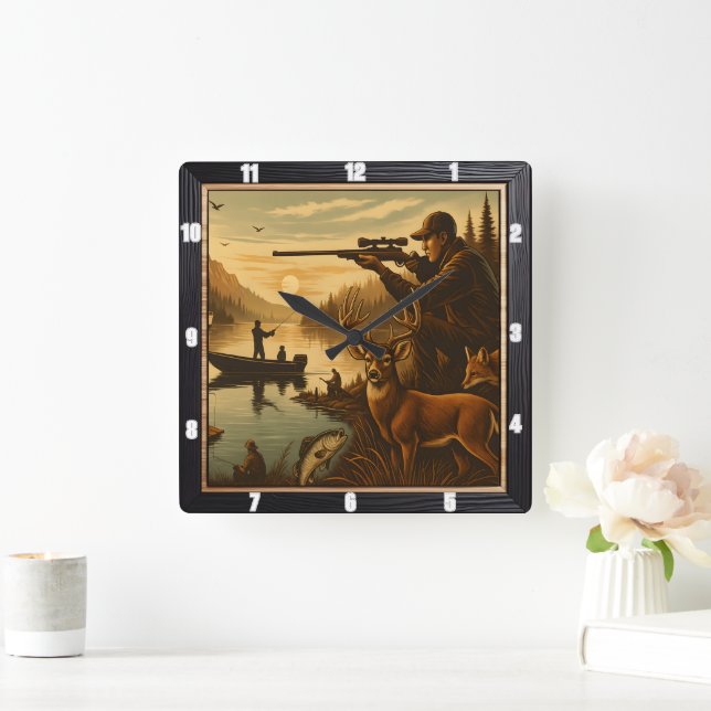Horloge Carrée Chasseur Pêcheur faunique coucher de soleil (Maison)