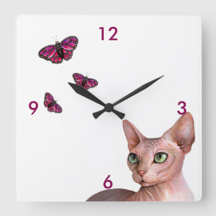 Horloge Carrée Chat 578 Sphynx Sphinx Chat Papillon rose