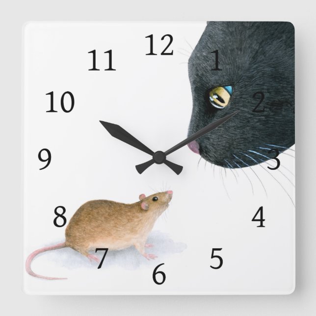 Horloge Carrée Chat 604 souris de chat noir (Recto)