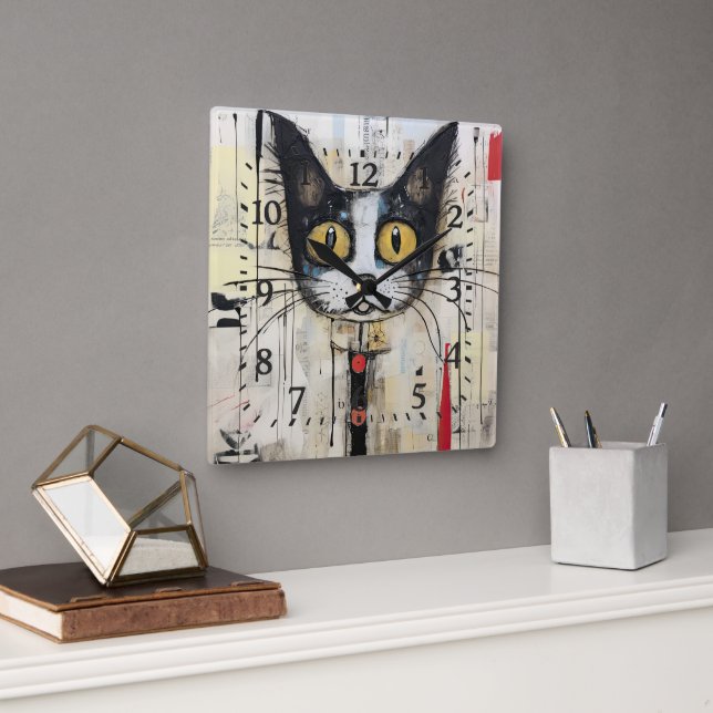 Horloge Carrée Chat Abstrait jaune teinté (Bureau)