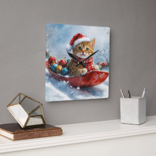 Horloge Carrée Chat Abyssin dans un traîneau Laissez neige Noël