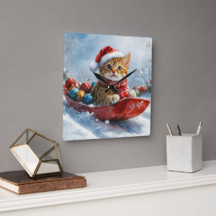 Horloge Carrée Chat abyssin en traîneau Laissez neige Noël