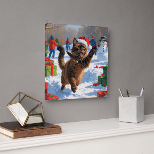 Horloge Carrée Chat abyssin Scène de neige festive de Noël