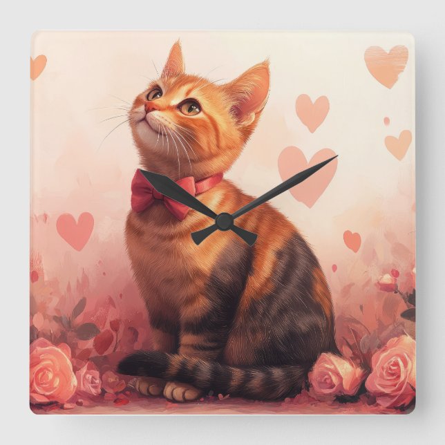 Horloge Carrée Chat abyssinien avec Rose - Saint Valentin (Recto)
