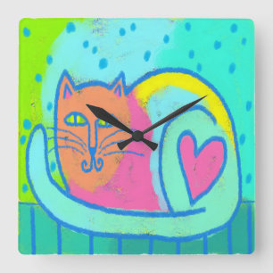 Horloge Carrée Chat adorable Art Abstrait