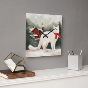 Horloge Carrée Chat Angora turc en Noël de neige