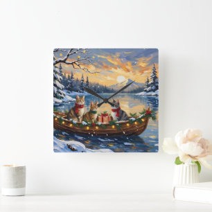 Horloge Carrée Chat angora turc Noël Bateau Fêtes