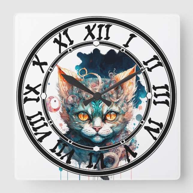Horloge Carrée Chat aquarelle en style steampunk (Recto)