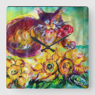 HORLOGE CARRÉE CHAT AVEC RIBBON ROUGE ET SOUFFRES