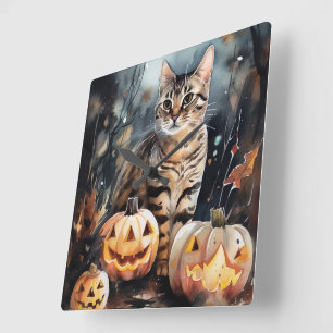 Horloge Carrée Chat Bengal Halloween Avec Citrouilles Effrayant