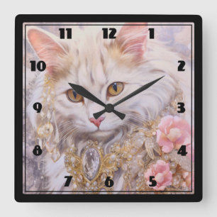 Horloge Carrée Chat blanc élégant en or et diamants