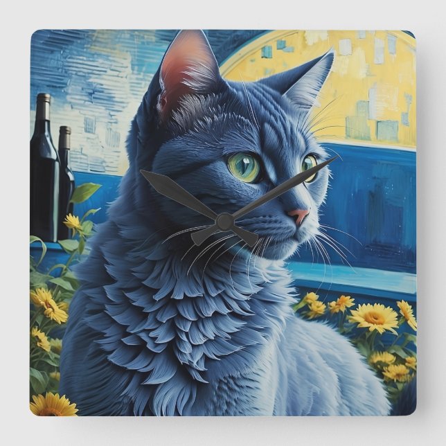 Horloge Carrée Chat bleu russe (Recto)