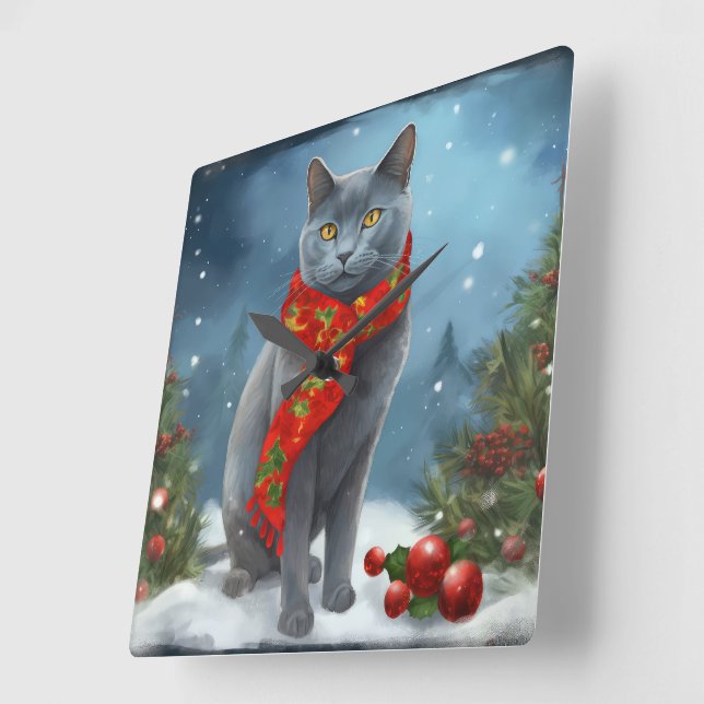 Horloge Carrée Chat bleu russe à Noël de neige (Angle)