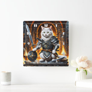 Horloge Carrée Chat blindée avec épée et bouclier