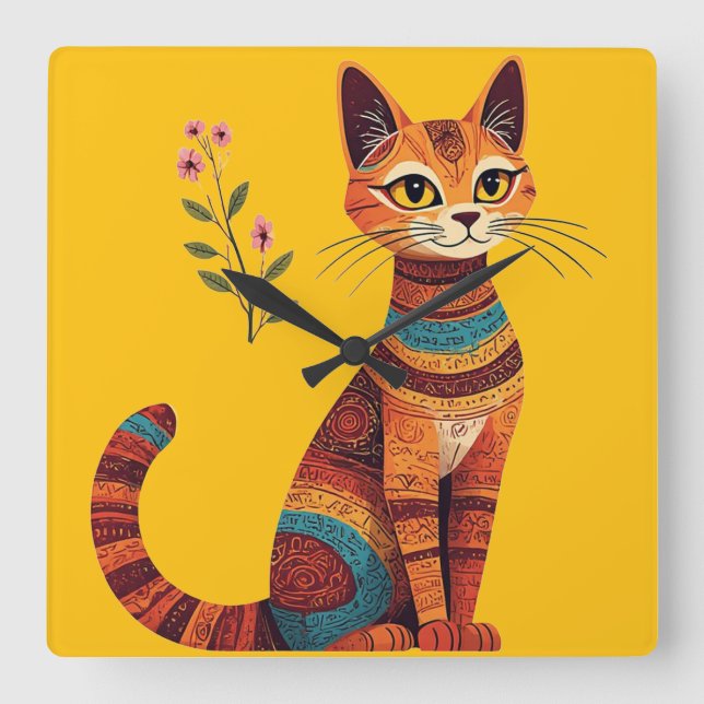 Horloge Carrée Chat bohème tribal mignon art folklorique avec des (Recto)