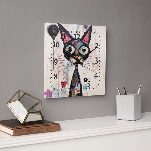 Horloge Carrée Chat coloré Abstrait (Bureau)