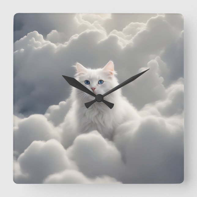 Horloge Carrée Chat dans les nuages (Recto)