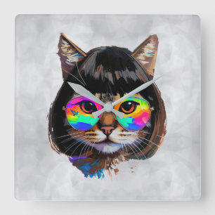 Horloge Carrée Chat dans une perruque + Lunettes de soleil (Peint