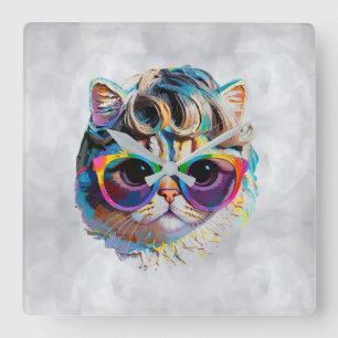Horloge Carrée Chat dans une perruque + Lunettes de soleil (Peint