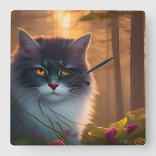Horloge Carrée Chat de forêt gris et blanc, Imaginaire