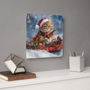Horloge Carrée Chat de Maine Coon en sledge Laisser neiger Noël