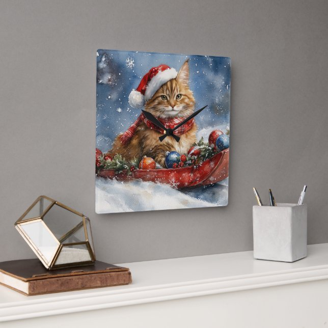 Horloge Carrée Chat de Maine Coon en sledge Laisser neiger Noël (Bureau)
