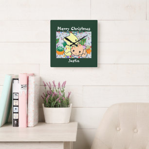 Horloge Carrée chat de noël mignon, personnaliser texte personnal