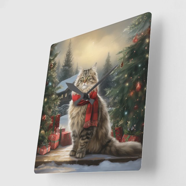 Horloge Carrée Chat de Sibérie en Noël de Neige (Angle)