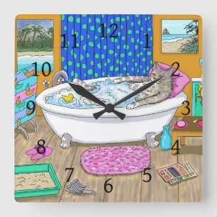 Horloge Carrée Chat drôle dans Bain 665