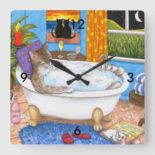 Horloge Carrée Chat drôle du chat 567 dans le bain