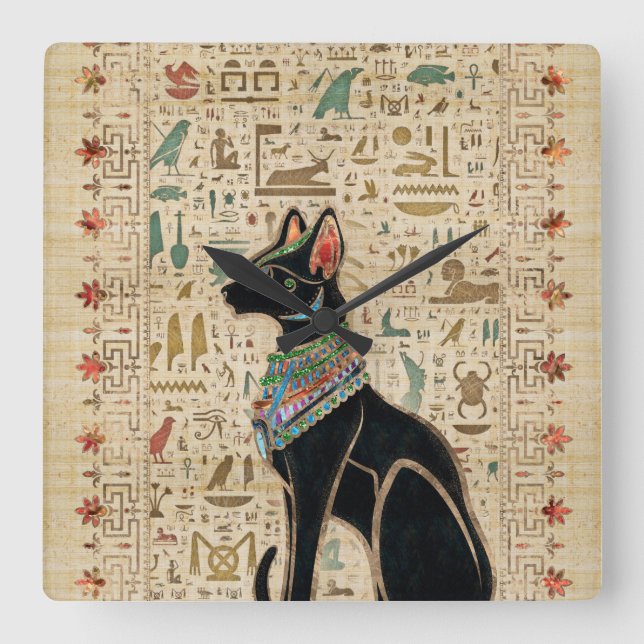 Horloge Carrée Chat égyptien - Bastet sur le papyrus (Recto)