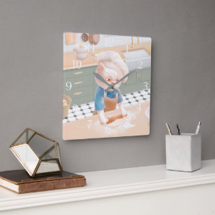 Horloge Carrée Chat en chef Casquette Rolling Dough à la cuisine 