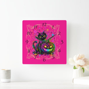 Horloge Carrée Chat et citrouille néon Halloween léopard pour fêt