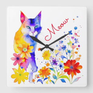 Horloge Carrée Chat et fleurs à l'aquarelle Meow