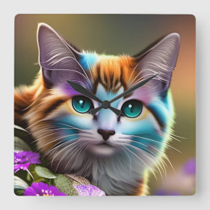 Horloge Carrée chat et fleurs bleu et rouille calico