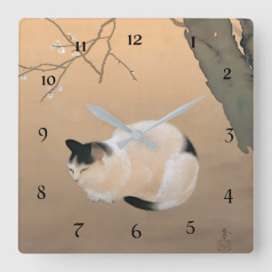 Horloge Carrée Chat et fleurs de prunier par Hishida Shunso