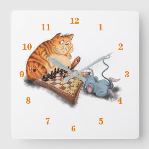 Horloge Carrée Chat et souris Jouer aux échecs Dessin drôle 