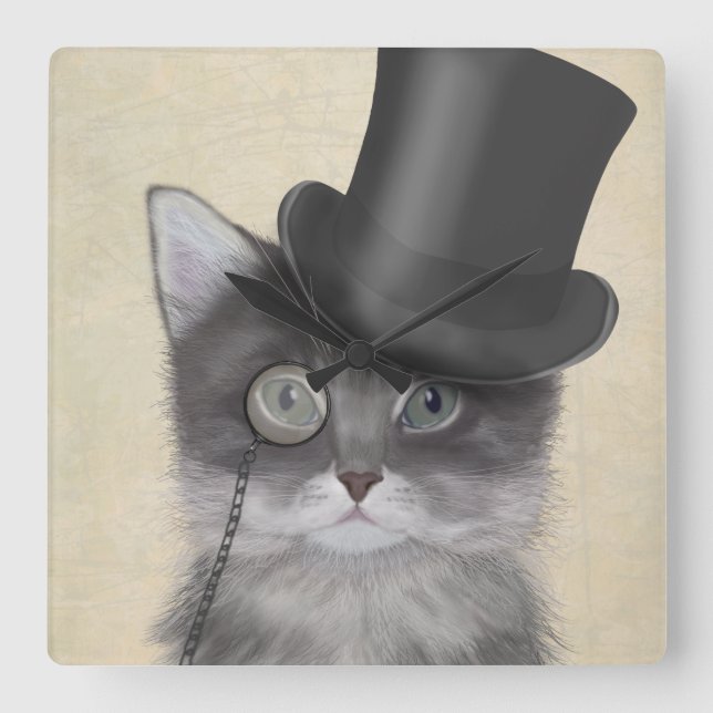 Horloge Carrée Chat gris avec chapeau supérieur (Recto)