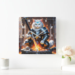 Horloge Carrée Chat guerrier en armure Forger une épée à l'aube