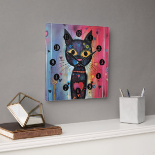 Horloge Carrée Chat jaune Abstrait coloré