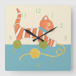 Horloge Carrée Chat jouet rayé avec boule de ficelle