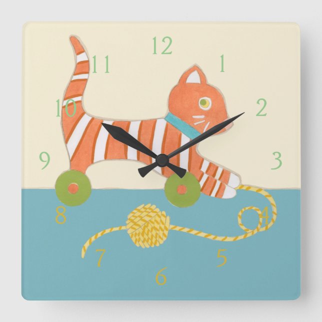 Horloge Carrée Chat jouet rayé avec boule de ficelle (Recto)
