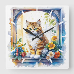 Horloge Carrée Chat Kitty en fenêtre de fleurs