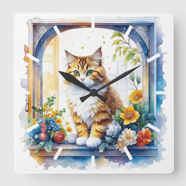 Horloge Carrée Chat Kitty en fenêtre de fleurs (Recto)