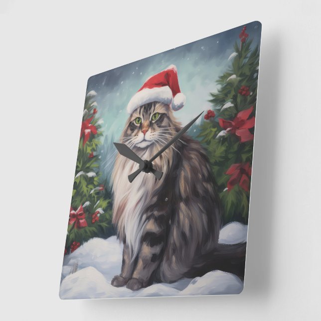 Horloge Carrée Chat Maine Coon à Noël de neige (Angle)