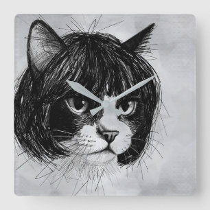 Horloge Carrée Chat mignon avec une perruque (style 10 + fond) Be
