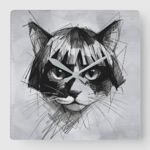 Horloge Carrée Chat mignon avec une perruque (style 4 + fond) Bea