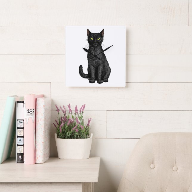 Horloge Carrée chat noir (Salle de lecture)