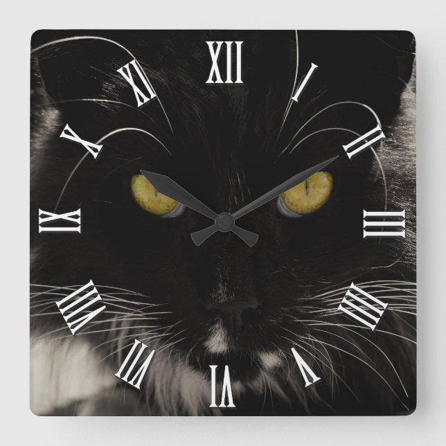 Horloge Carrée Chat noir aux yeux jaunes, Chats d'amour (Recto)